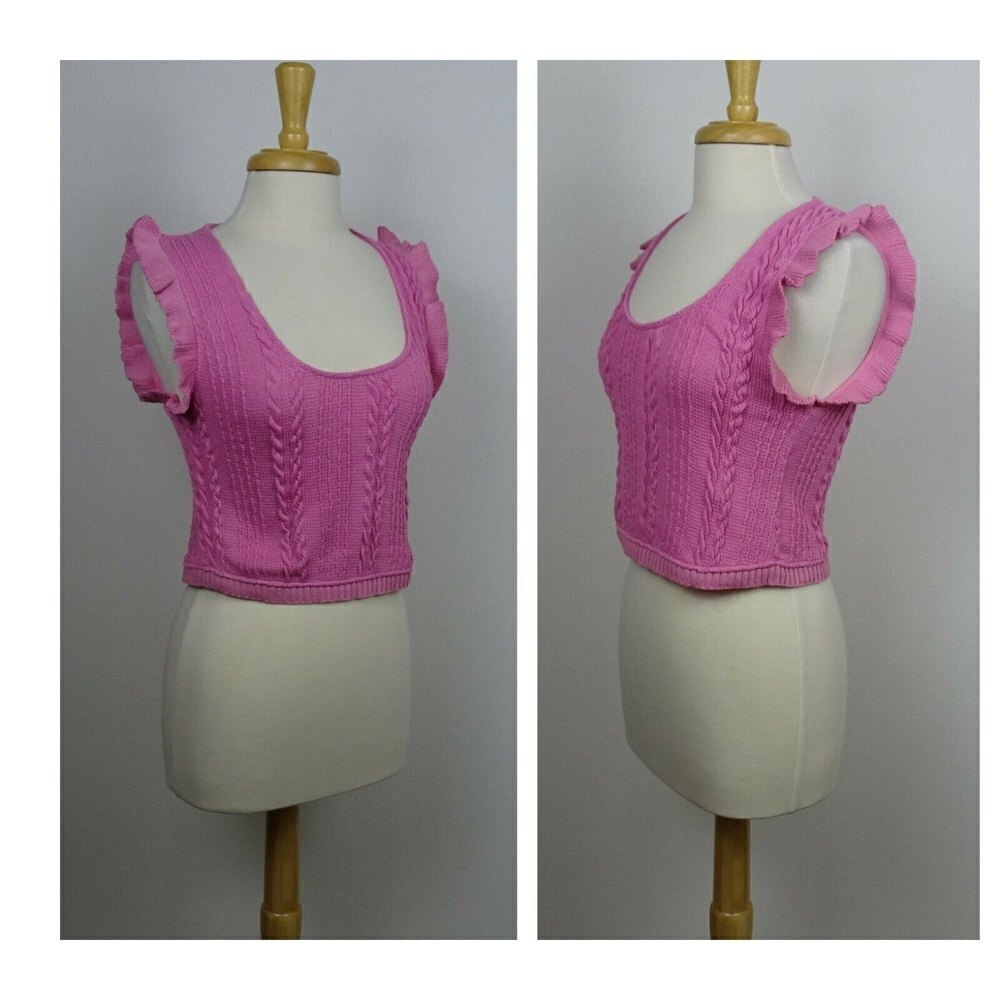 NWT Zara Sleeveless Ruffle Top Blouse Cable-Knit Pink Scoop Neck Stretch L - Picture 6 of 13